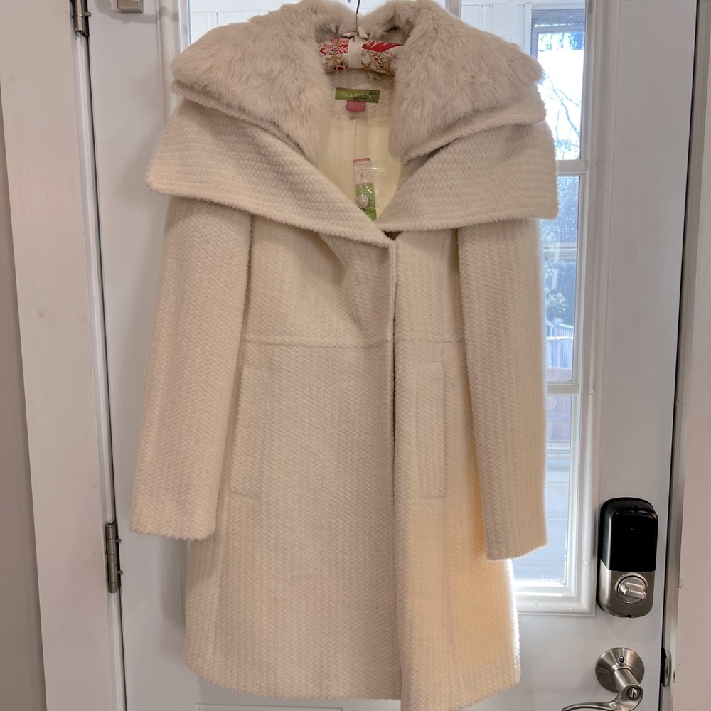 Itala Testino designer cream alpaca coat with removable rabbit trim collar.